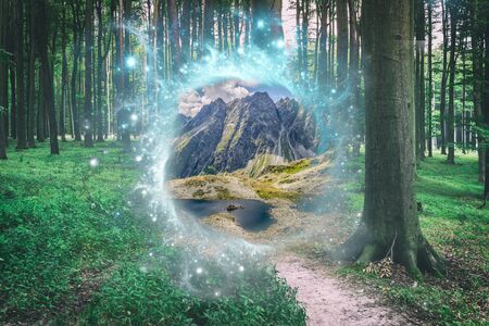 Magical portal in between forest and mountains