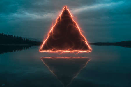 Flaming triangular portal reflected in the lakeの写真素材