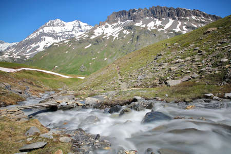 2 summits :Grande Casse and Pierre Brune from the torrent Fontabert, Vanoise National Park, Northern Alps, Savoieの写真素材