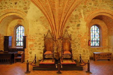 TRAKAI, LITHUANIA - JANUARY 1, 2017: Trakai castle built on an island of Lake Galve near Vilnius - The brick vaulted interior of the Great Hallのeditorial素材