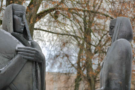 VILNIUS, LITHUANIA - JANUARY 3, 2017: Statues of Sofija Psibiliauskiene and Marija Lastauskiene on Karmelitu Streetのeditorial素材