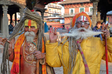 PATAN, NEPAL - DECEMBER 21, 2014: Portrait of two Sadhus (Holy men) at Durbar Squareのeditorial素材