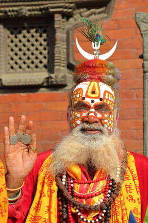 KATHMANDU, NEPAL - JANUARY 14, 2015: Portrait of a Sadhu (Holy man) in Durbar Square