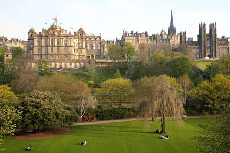 EDINBURGH, SCOTLAND-MAY 8, 2016: View of Princes Street Gardens with spring colors (The Assembly Hall in background)のeditorial素材