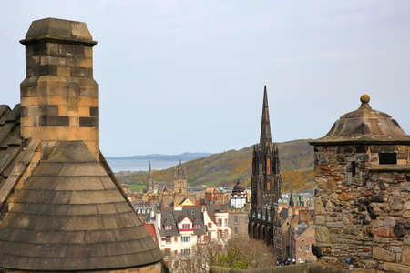 EDINBURGH, SCOTLAND-MAY 6, 2016: General view of Edinburgh from Edinburgh Castle (The Argyle Tower in the foreground)のeditorial素材