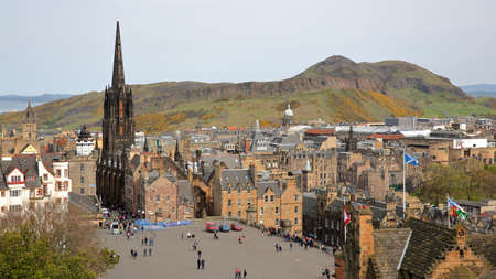EDINBURGH, SCOTLAND-MAY 6, 2016:General view of Edinburgh from Edinburgh Castle with Holyrood Park and Arthur's Seat in the backgroundのeditorial素材