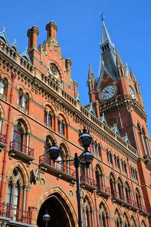 LONDON, UK - FEBRUARY 28, 2017: Exterior view of St Pancras Railway Station. This building  now houses the luxury St Pancras Renaissance Hotelのeditorial素材