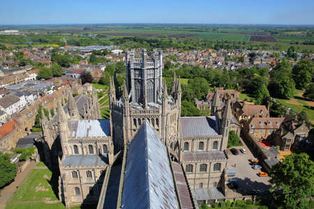 ELY, UK - MAY 26, 2017: Aerial view of the East part of the Cathedral with the Octagon in the center and the countryside in the background - picture taken from the top of the West Tower of the Cathedralのeditorial素材