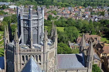 ELY, UK - MAY 26, 2017: The Cathedral - Close-up on the Octagon and Lantern Towers - picture taken from the top of the West Tower of the Cathedralのeditorial素材
