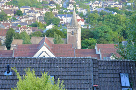 View of the town from Tory neighborhood with the bell tower of Holy Trinity Church in Bradford on Avon, UKの写真素材