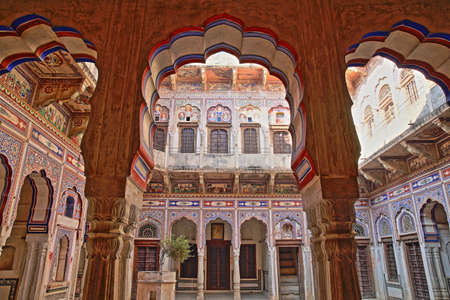 NAWALGARH, RAJASTHAN, INDIA - DECEMBER 25, 2017: Morarka Haveli with colorful frescoes and paintings...