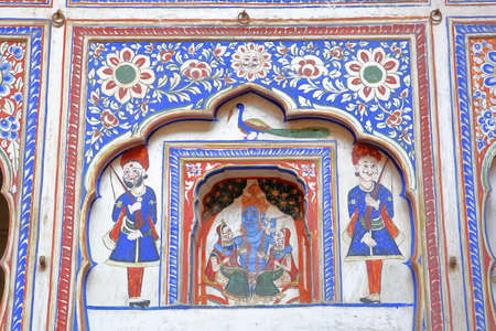 NAWALGARH, RAJASTHAN, INDIA - DECEMBER 25, 2017: details of paintings inside Morarka Haveliのeditorial素材