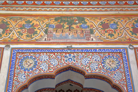 NAWALGARH, RAJASTHAN, INDIA - DECEMBER 25, 2017: details of paintings inside Poddar Haveliのeditorial素材