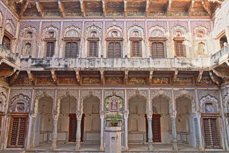NAWALGARH, RAJASTHAN, INDIA - DECEMBER 26, 2017: Uattara Haveli with colorful frescoes and paintingsのeditorial素材