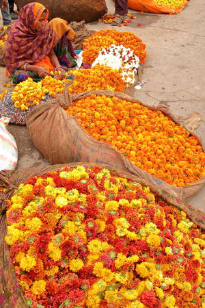 JAIPUR, RAJASTHAN, INDIA - DECEMBER 06, 2017: The flower market near City Palace with an Indian woman dressed in Sariのeditorial素材