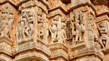 Details of the carvings of  Adhbudhnath Shiva Temple, located inside the fort (Garh) of Chittorgarh, Rajasthan, India, with sculptures of Apsarasの写真素材