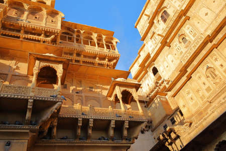The architectural details of Jaisalmer fort palace in Jaisalmer, Rajasthan, Indiaの写真素材