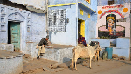 CHITTORGARH, RAJASTHAN, INDIA - DECEMBER 14, 2017: Street scene with a cow and two men enjoying the sun in front of colorful traditional housesのeditorial素材