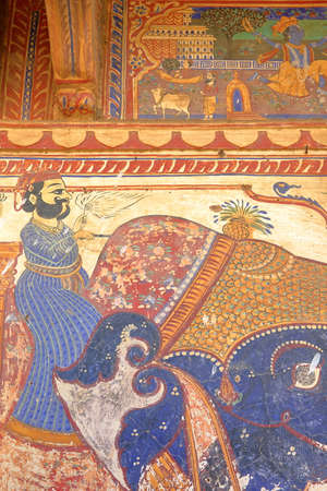 MANDAWA, RAJASTHAN, INDIA - DECEMBER 27, 2017: Details of the mural paintings at Goenka Double Haveliのeditorial素材