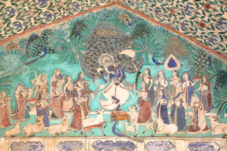 BUNDI, RAJASTHAN, INDIA - DECEMBER 08, 2017: Mural paintings at Chitrasala in Bundi Palace (Garh)...
