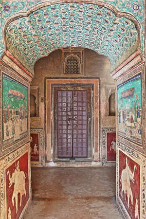 BUNDI, RAJASTHAN, INDIA - DECEMBER 08, 2017: Mural paintings at Chitrasala in Bundi Palace (Garh)