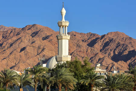 Close-up on the minaret of Al-Sharif Al Hussein Bin Ali Mosque in Aqaba, Jordan, Middle Eastの写真素材