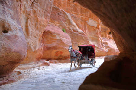 PETRA, JORDAN - MARCH 10, 2016: A carriage through The Siq Canyon leading to the Treasury (Al Khazneh)のeditorial素材