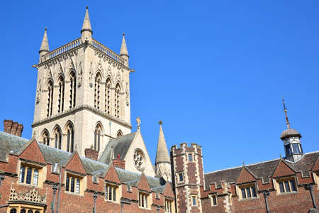 CAMBRIDGE, UK - MAY 6, 2018: St John's College University, Close-up on the Second Court with St John's college Chapel in the backgroundのeditorial素材