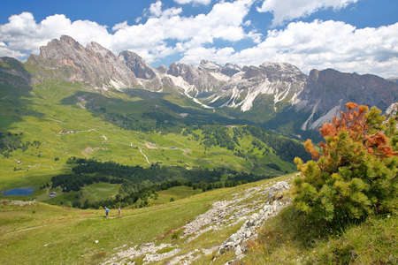 Puez Odle mountain range viewed from Mount Pic (above Raiser Pass), Val Gardena, Dolomites, Italyの写真素材