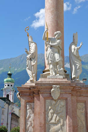 INNSBRUCK, AUSTRIA - JULY 2, 2018: Close-up on Annasaule, a landmark column with a statue of Mary, located on street Maria Theresien Strasseのeditorial素材