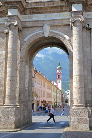 INNSBRUCK, AUSTRIA - JULY 2, 2018: Close-up on Triumphal Arch (Triumphpforte) located on street Maria Theresien Strasseのeditorial素材