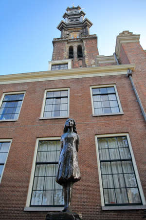 AMSTERDAM, NETHERLANDS - JULY 17, 2019: Anne Frank Monument, located in front of Westerkerk church along Prinsengracht canalのeditorial素材