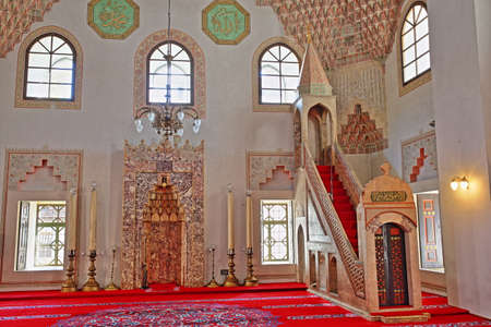 SARAJEVO, BOSNIA AND HERZEGOVINA - SEPTEMBER 15, 2019: The colorful prayer room of  Gazi Husrev Begova Mosque, located in Bascarsija districtのeditorial素材
