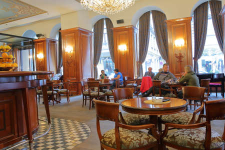 SARAJEVO, BOSNIA AND HERZEGOVINA - SEPTEMBER 18, 2019:  The interior of Becka Kafana Cafe, located inside Hotel Europeのeditorial素材