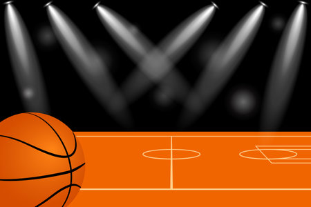 vector of  Basketball court with shining lights on black background with copy space, no people for poster, website, bannerのイラスト素材