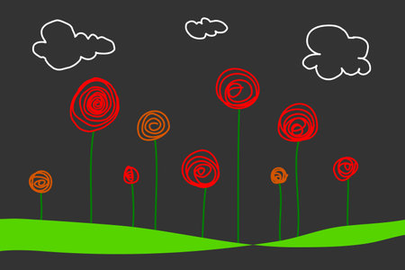 <p>Vector illustration of a field with poppies and clouds in the sky.vector illustration. background with flowers.freehand draw flower field on the hill</p>のイラスト素材