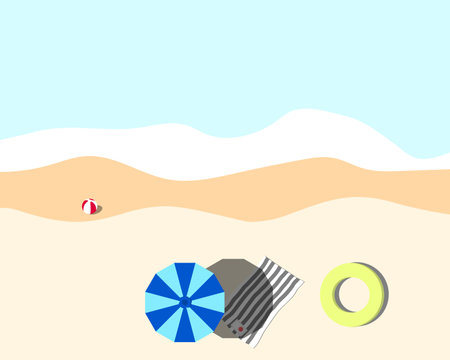 vector illustration of beach and sea with umbrella swim ring and ball no people in summer flat lay with copy space for poster background retail travel. eps10のイラスト素材