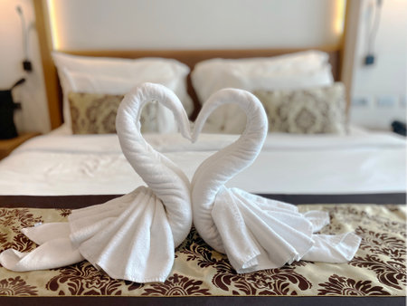 Romantic swan towel art arranged in a heart shape on a bed in a luxury hotel room, symbolizing love and hospitality blurred background. Perfect for honeymoon suites, wedding anniveの写真素材