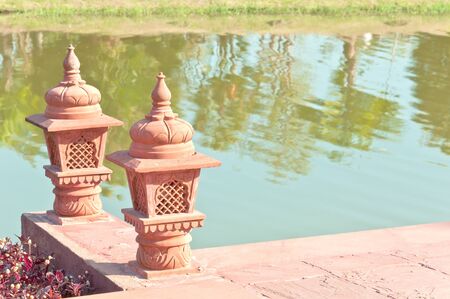 pottery lanterns on brick waterfrontの写真素材
