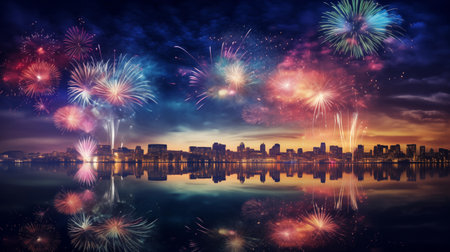 Color Fireworks above city generative aiの素材