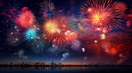Color Fireworks above city generative aiの素材