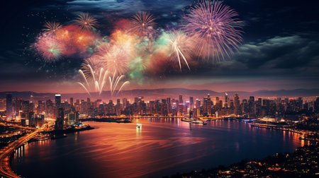 Color Fireworks above city generative aiの素材