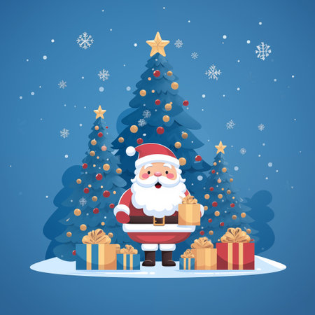 Santa with gift boxes on blue background generative aiの素材