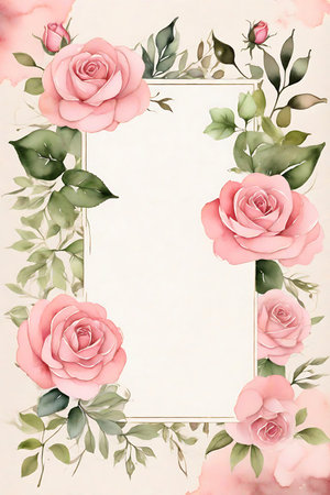 Vintage floral frame with pink roses and green leaves on grunge paper background. Generative aiの素材