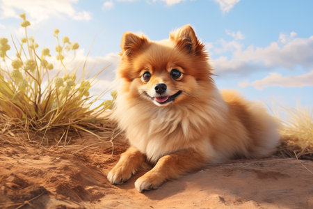 Cute pomeranian lying on the ground, Generative Aiの素材
