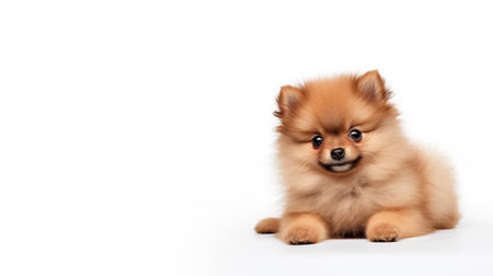 A cute pomeranian puppy lying on the floor on a white background, Generative Aiの素材