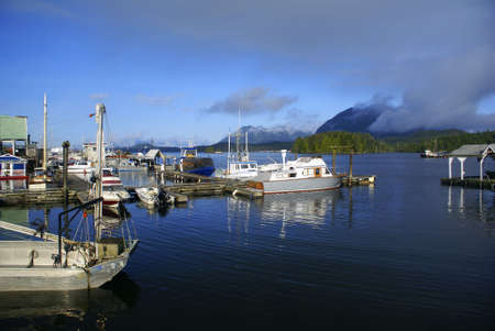 Fishing dock in Tofino on the Vancouver Island, with yachts and boats anchored.