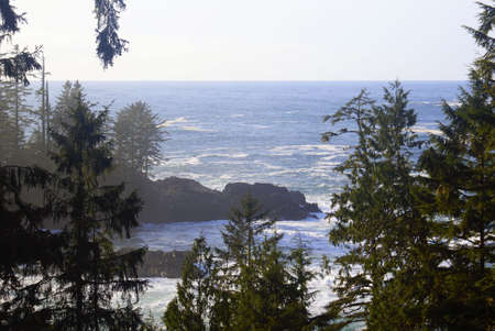 Waves crashing on a rocky beach on the west coast of Vancouver Islandの写真素材
