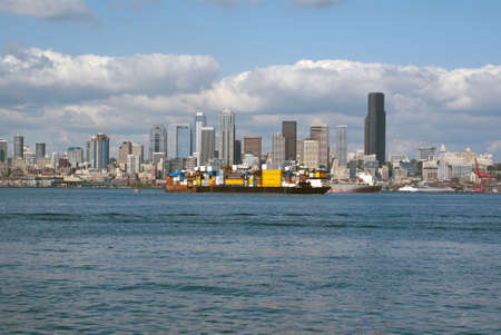 Downtown Seattle Panorama on a sunny day with a tankerの写真素材