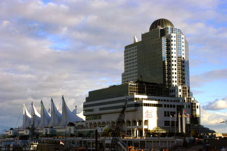 Canada Place Public Pier downtown Vancouver British Columbia Canada at sunsetのeditorial素材